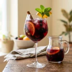 Non alcoholic sangria in a stemmed glass with orange slices and berries beside a glass pitcher