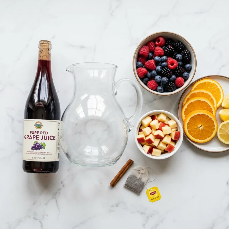 Red grape juice, oranges, apples, berries and black tea for making non alcoholic sangria