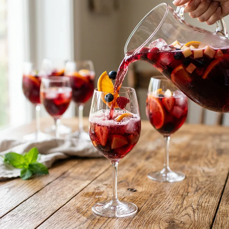 Pouring non alcoholic sangria from a glass pitcher into a wine glass with fruit