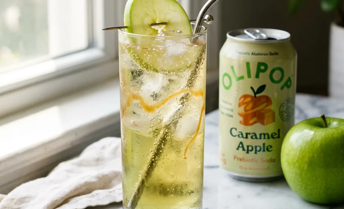 Olipop caramel apple copycat in a tall glass next to an OLIPOP Caramel Apple can and a green apple