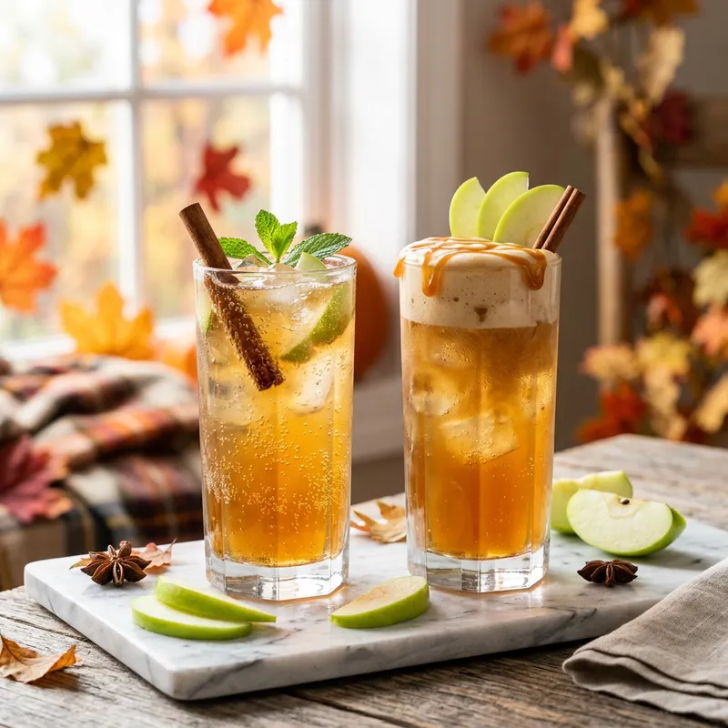 Caramel apple prebiotic soda topped with caramel cold foam and a green apple slice
