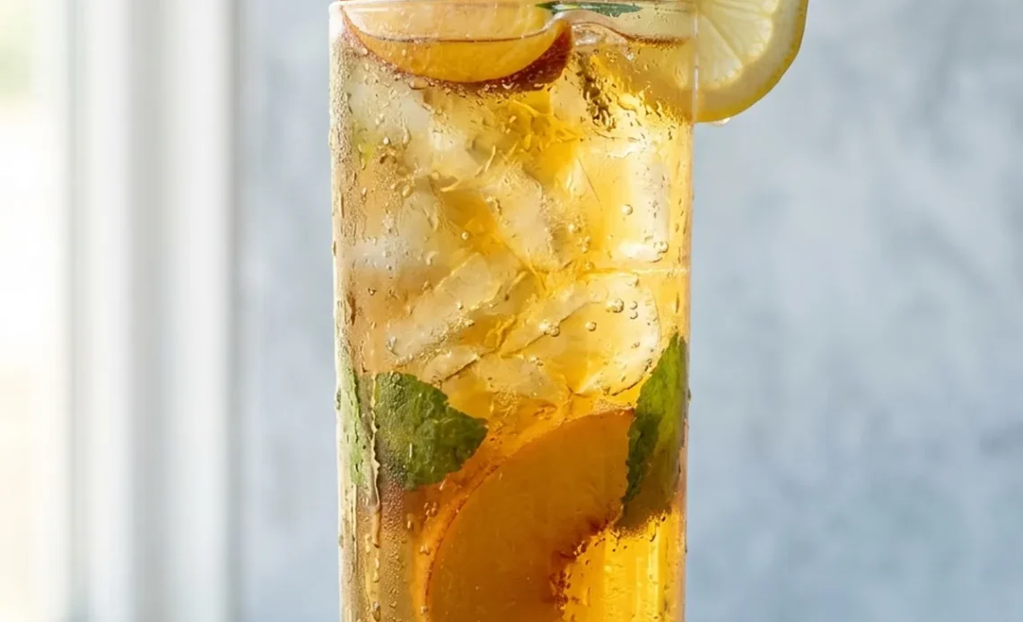 Oolong peach iced tea in a tall glass with peach slice and mint garnish
