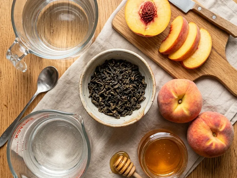 Loose-leaf oolong tea, fresh peaches, and honey for oolong peach iced tea