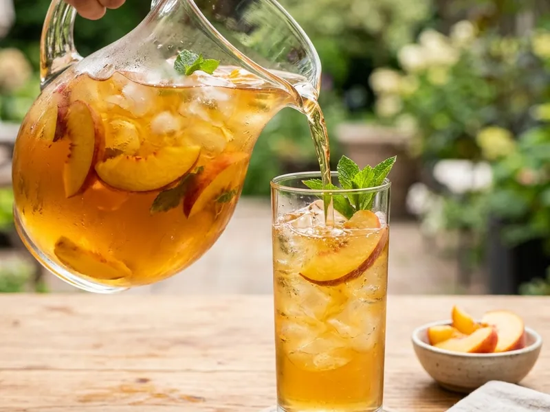 Pouring oolong peach iced tea from a pitcher over ice