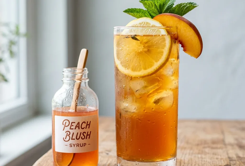 Peach syrup in a glass bottle beside a glass of iced peach tea with fresh peach slices and mint