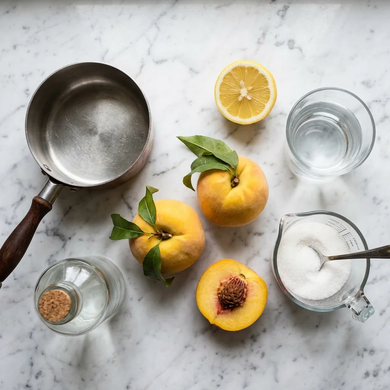Ripe peaches, sugar, water and lemon for making homemade peach syrup