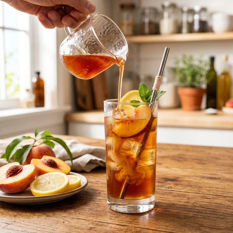 Pouring peach syrup into a tall glass of iced black tea with lemon slices