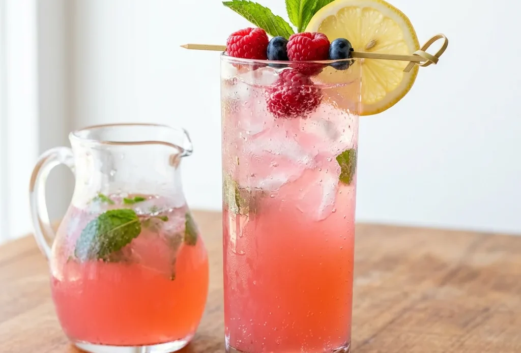 Pink lemonade in a tall glass with ice, lemon wheel and mint beside a pitcher of pink lemonade