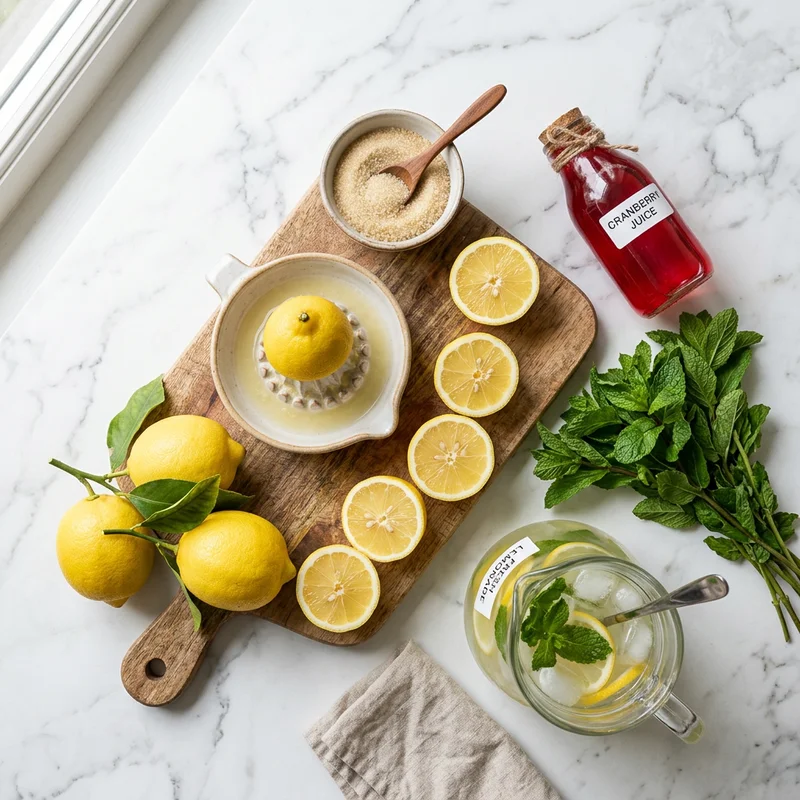 Fresh lemons, sugar, cranberry juice and mint for making homemade pink lemonade