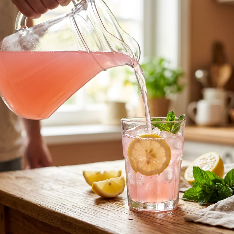 Pouring pink lemonade from a glass pitcher over ice into a glass with lemon slices