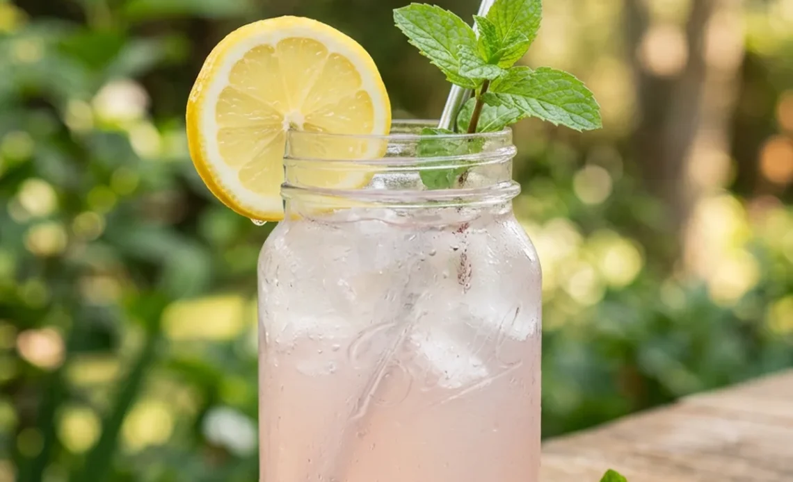 Pink salt trick recipe in a mason jar with lemon and mint garnish