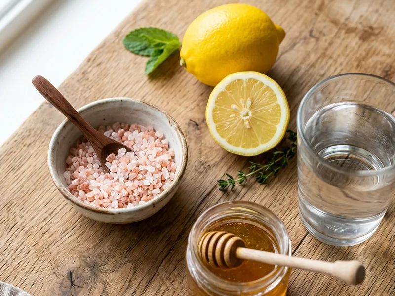 Pink Himalayan salt, lemon, and honey ingredients for the pink salt trick recipe