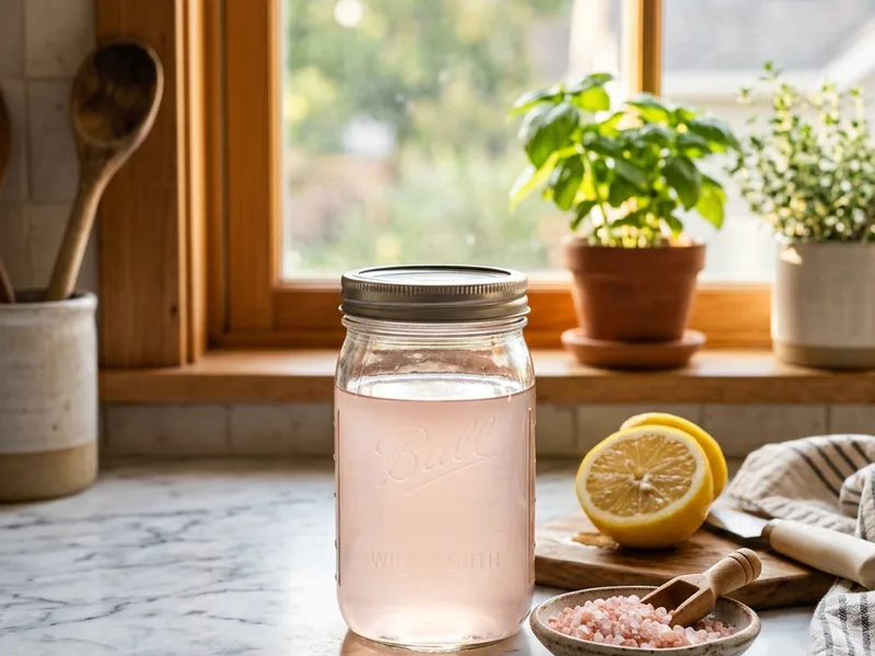 Pink salt trick recipe served in a mason jar on a sunlit kitchen counter