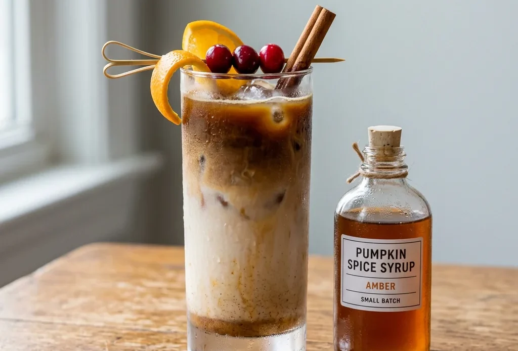 Pumpkin spice syrup in a glass bottle beside an iced pumpkin spice latte with cinnamon sticks