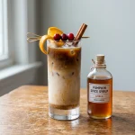 Pumpkin spice syrup in a glass bottle beside an iced pumpkin spice latte with cinnamon sticks