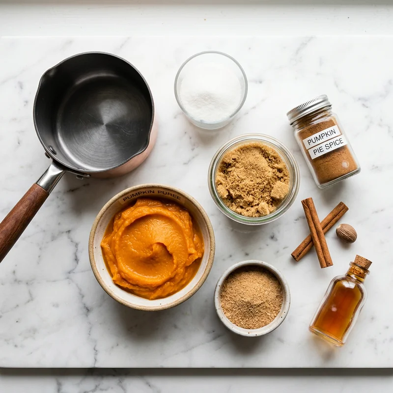 Pumpkin puree, brown sugar, pumpkin pie spice and cinnamon sticks for making pumpkin spice syrup