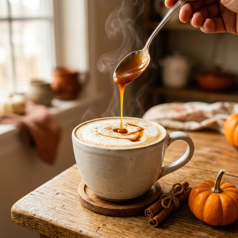 Pouring pumpkin spice syrup into a mug of hot latte with cinnamon and star anise