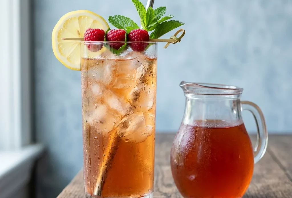 Raspberry iced tea in a tall glass with ice, lemon wheel and fresh raspberries beside a pitcher