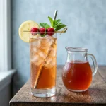 Raspberry iced tea in a tall glass with ice, lemon wheel and fresh raspberries beside a pitcher