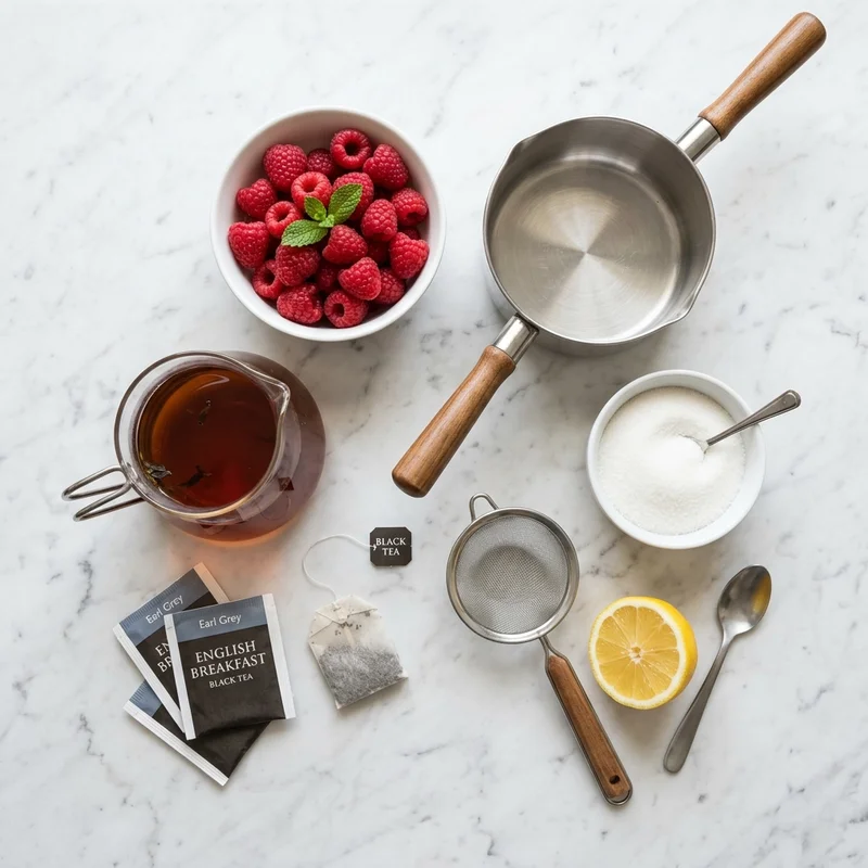 Black tea bags, fresh raspberries, sugar and lemon for making homemade raspberry iced tea