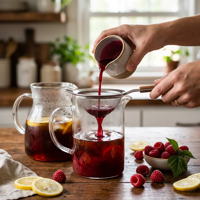 Pouring raspberry syrup into a pitcher of black tea to make raspberry iced tea