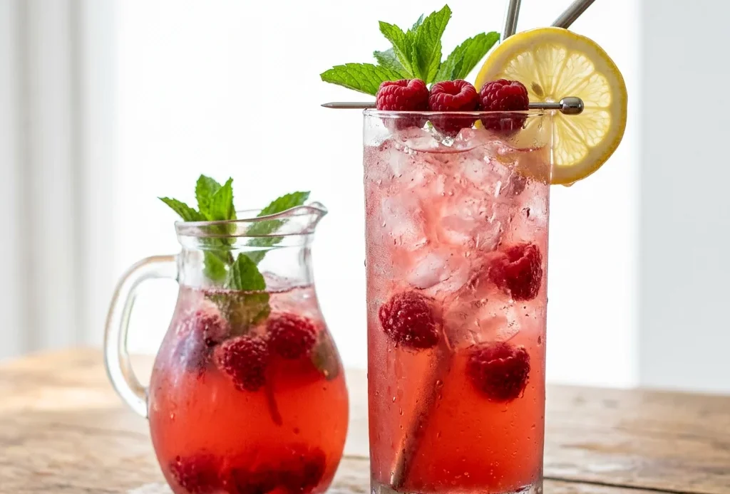 Raspberry lemonade in a tall glass with ice, lemon wheel and fresh raspberries beside a pitcher