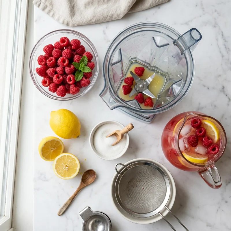 Fresh raspberries, lemons, sugar and water for making homemade raspberry lemonade