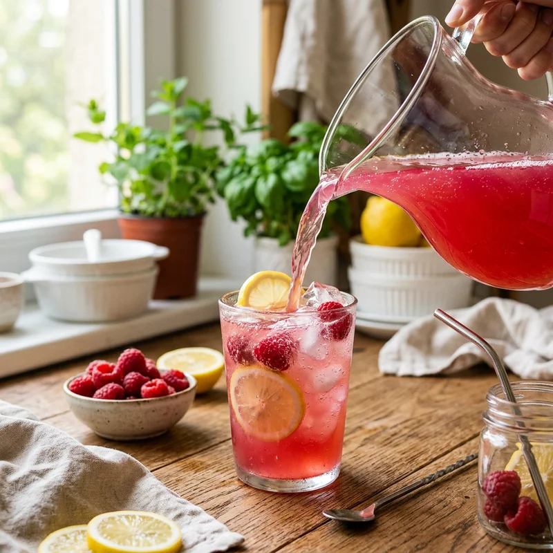 Pouring raspberry lemonade from a glass pitcher over ice with fresh raspberries