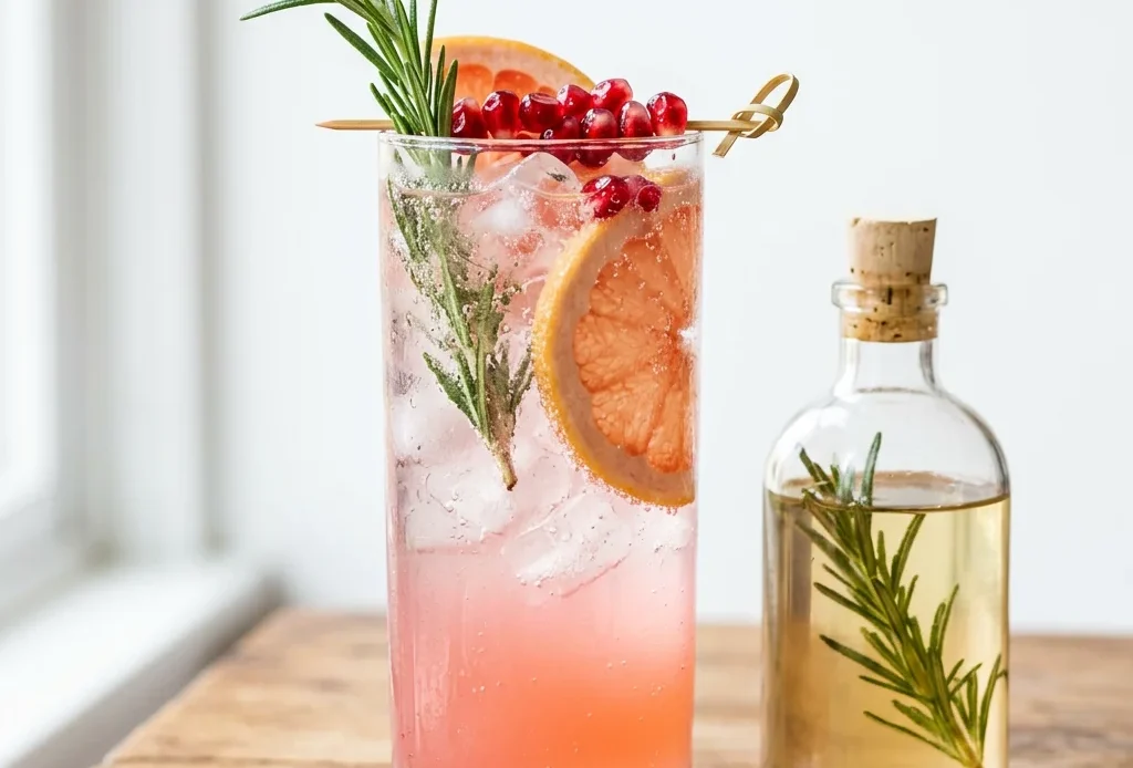 Rosemary simple syrup in a glass bottle beside a rosemary grapefruit spritzer with fresh rosemary