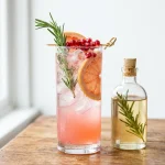 Rosemary simple syrup in a glass bottle beside a rosemary grapefruit spritzer with fresh rosemary
