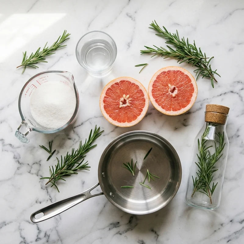 Fresh rosemary sprigs, sugar, water and grapefruit for making homemade rosemary simple syrup