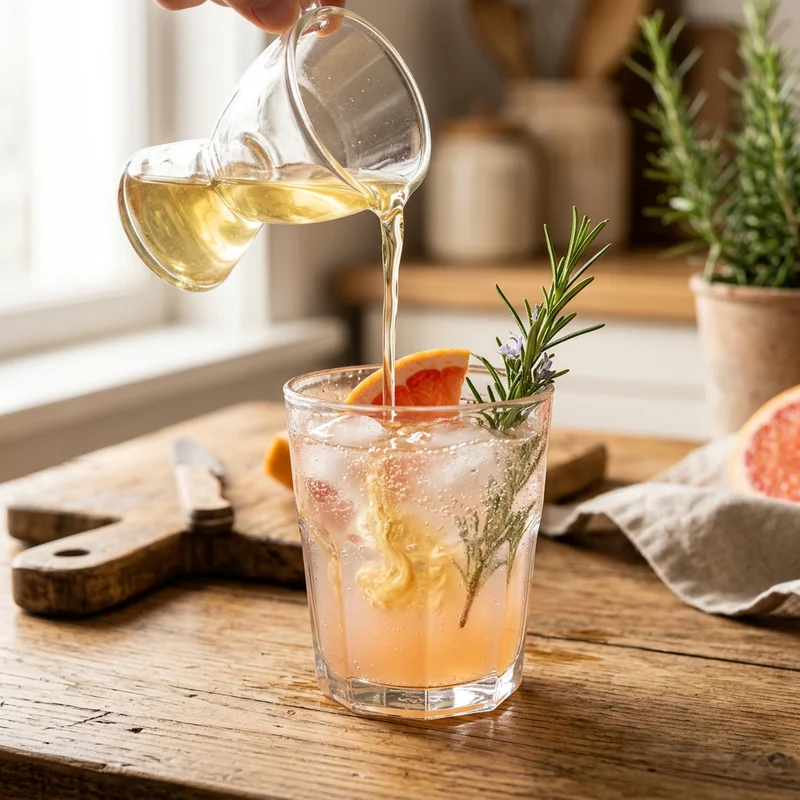 Pouring rosemary simple syrup into a glass of sparkling grapefruit juice with ice