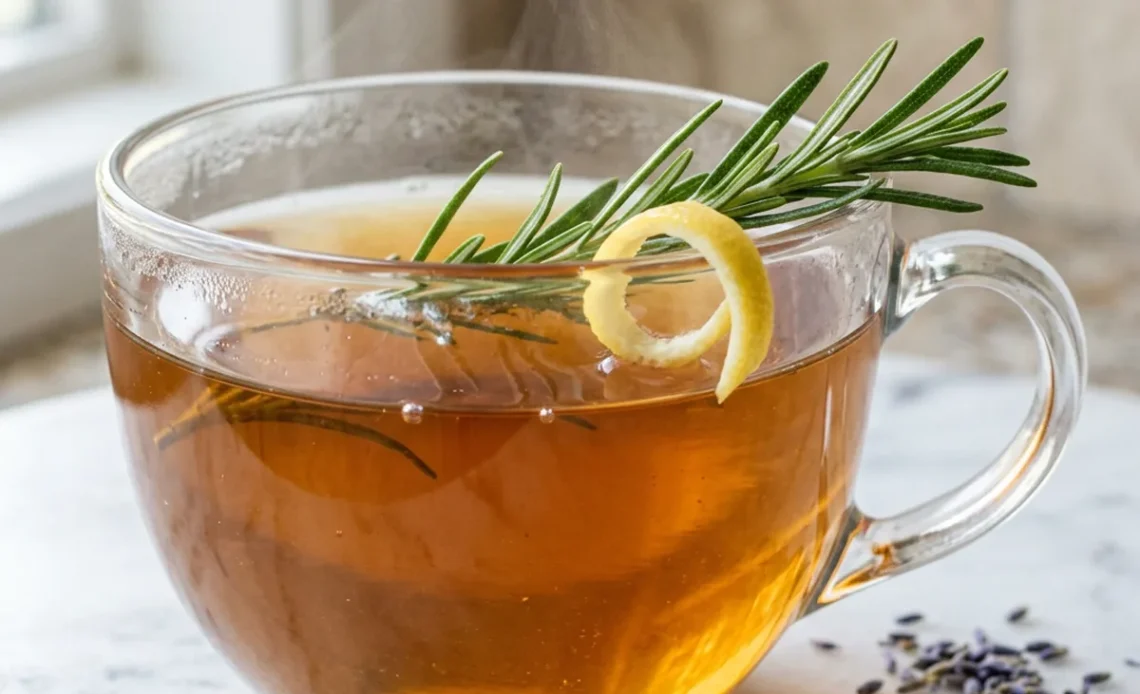 Rosemary tea recipe served in a glass teacup with a fresh rosemary sprig garnish