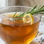 Rosemary tea recipe served in a glass teacup with a fresh rosemary sprig garnish