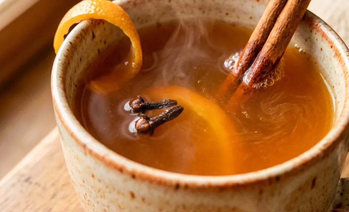 Russian tea recipe served hot in a ceramic mug with cinnamon and orange peel