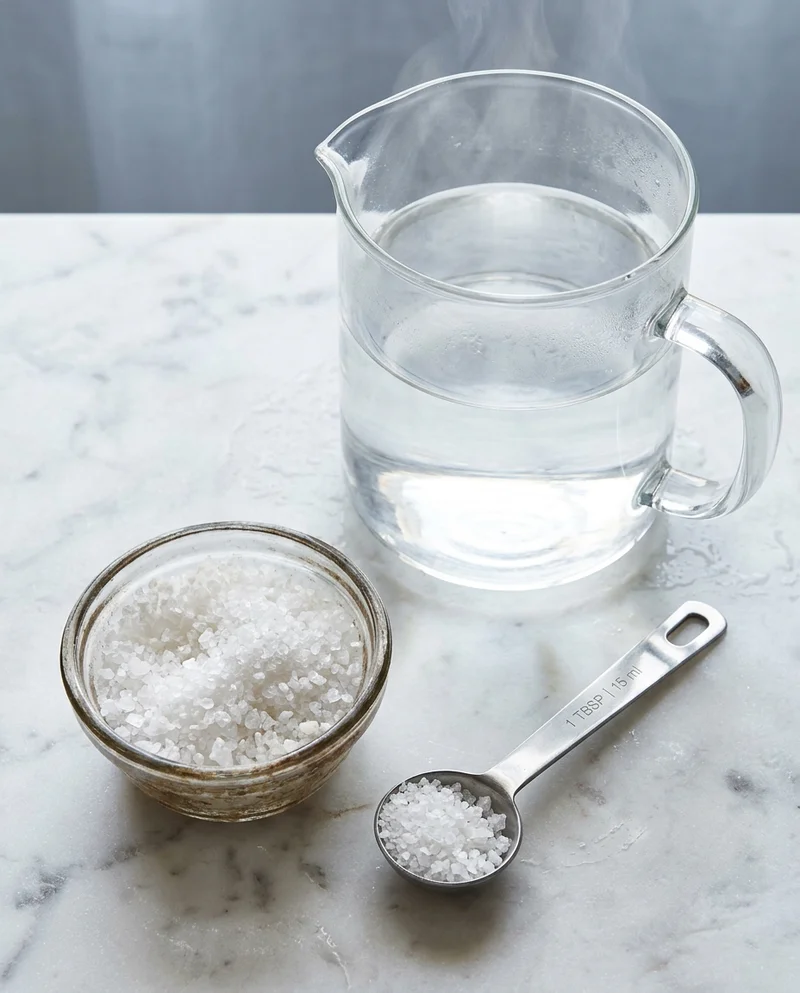 Non-iodized salt and warm water measured out for a salt water flush recipe