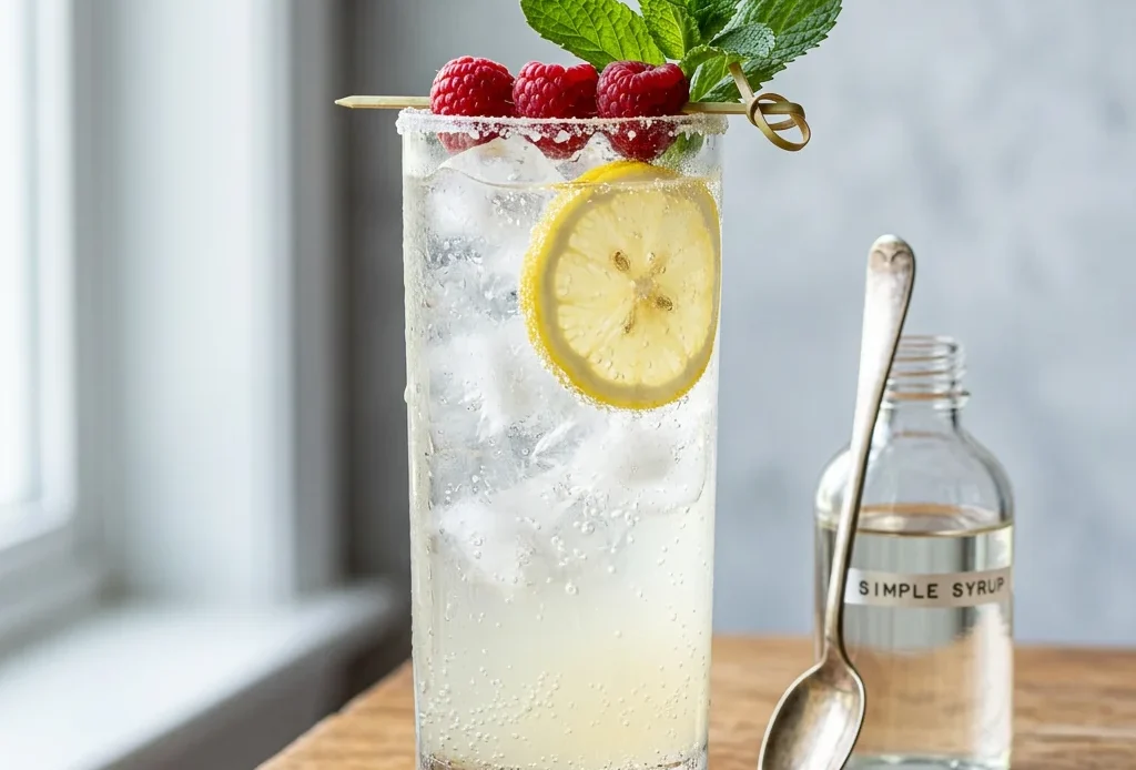 Simple syrup recipe: a bottle of clear syrup beside a glass of iced lemonade with lemon, raspberries and mint