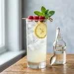 Simple syrup recipe: a bottle of clear syrup beside a glass of iced lemonade with lemon, raspberries and mint