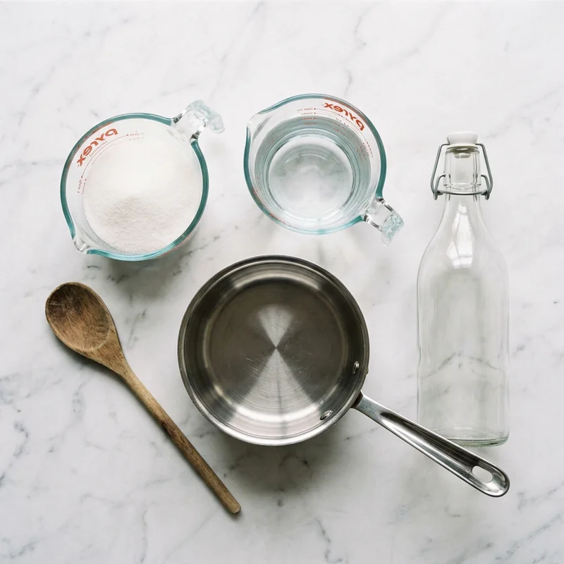 Granulated sugar, filtered water, saucepan and glass bottle for making simple syrup