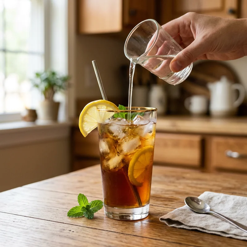 Homemade simple syrup poured into a glass of iced tea with lemon slices
