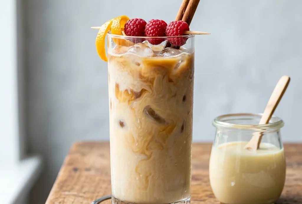Spanish latte in a tall glass with layers of espresso and milk over ice beside a small jar of condensed milk