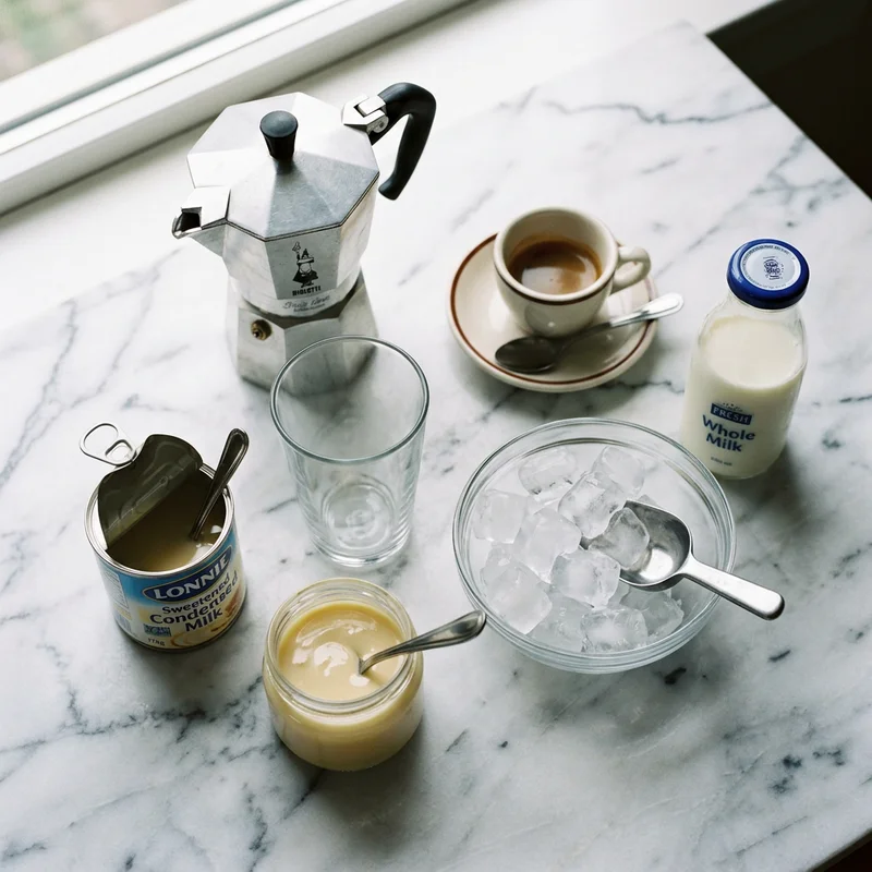 Sweetened condensed milk, espresso, milk and ice laid out for making a spanish latte