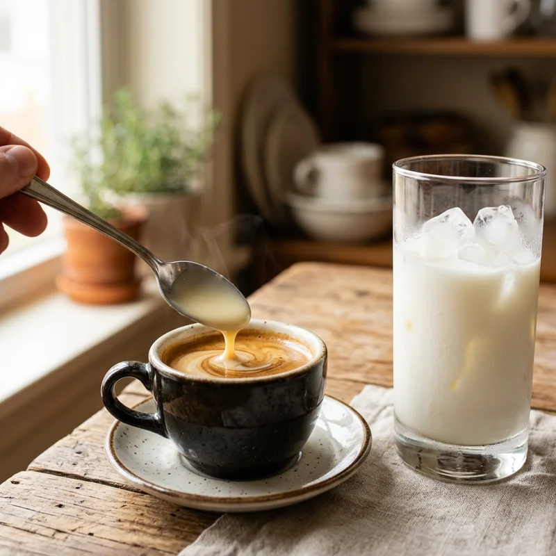 Stirring sweetened condensed milk into hot espresso before making a spanish latte