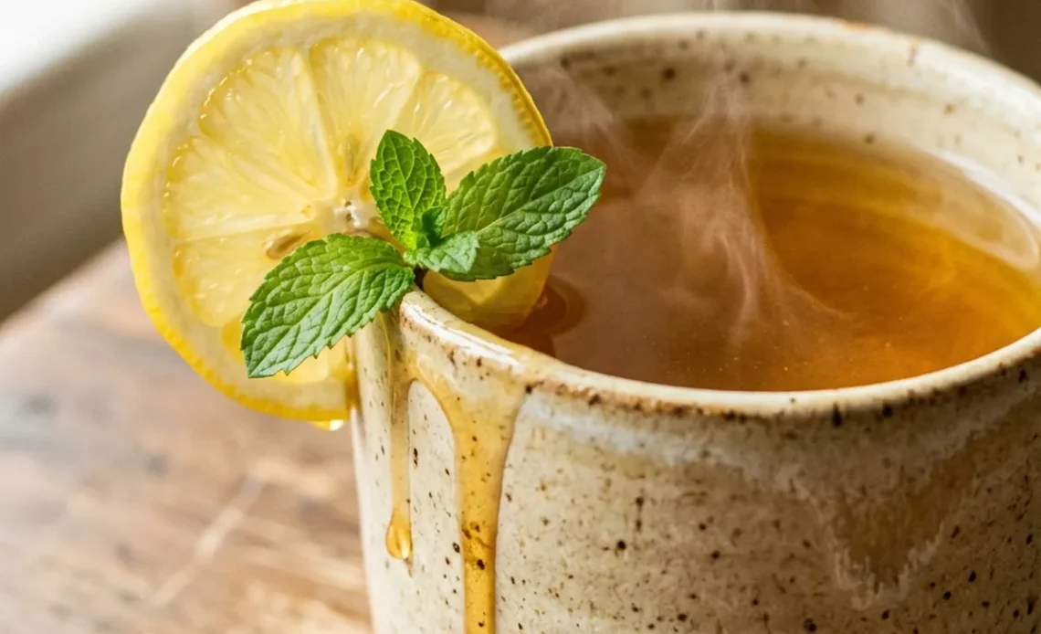 Starbucks medicine ball tea in a ceramic mug with lemon and mint