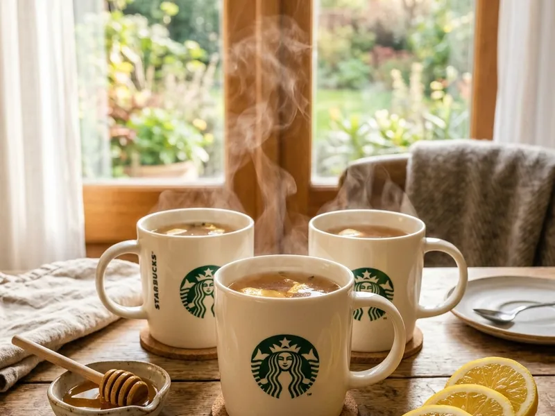 Two mugs of starbucks medicine ball tea served by a window