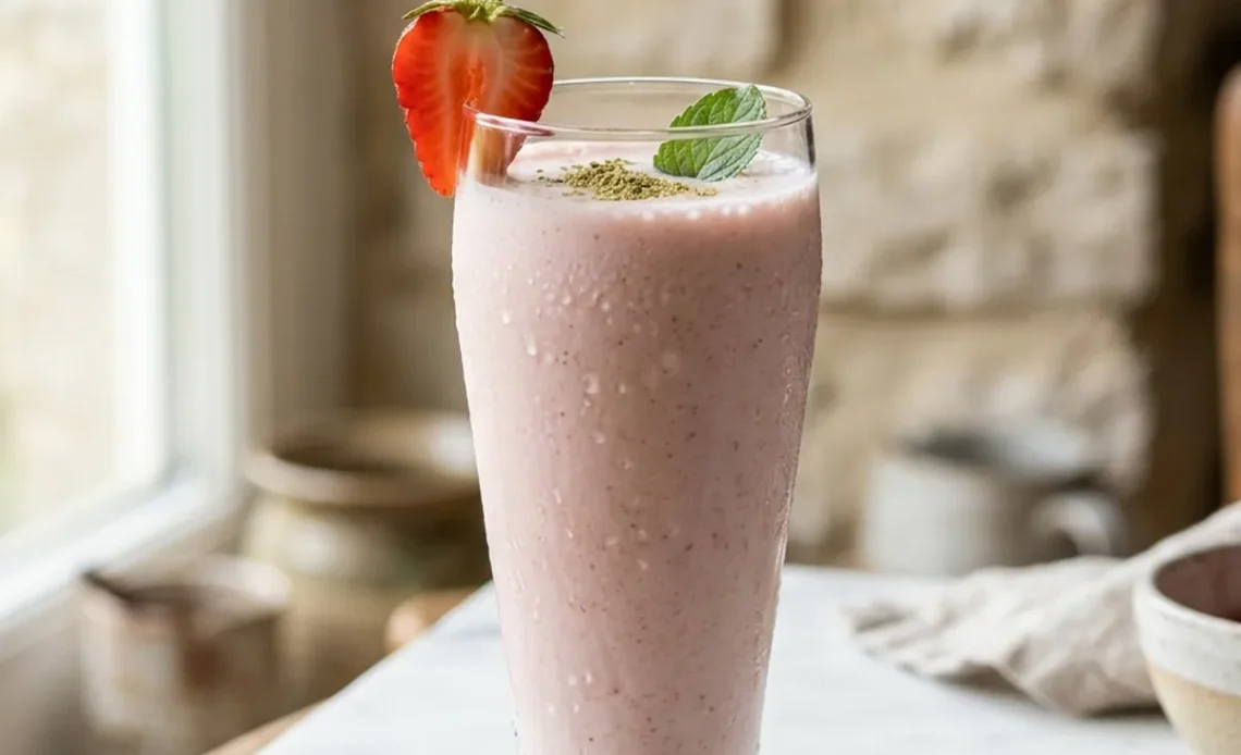 Glass of strawberry lassi recipe garnished with strawberry and cardamom