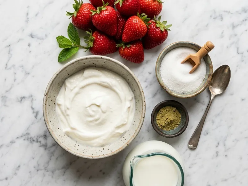 Ingredients for strawberry lassi recipe: yogurt, milk, strawberries, cardamom