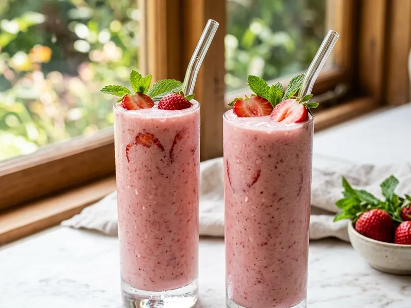 Two glasses of strawberry lassi recipe served with mint garnish