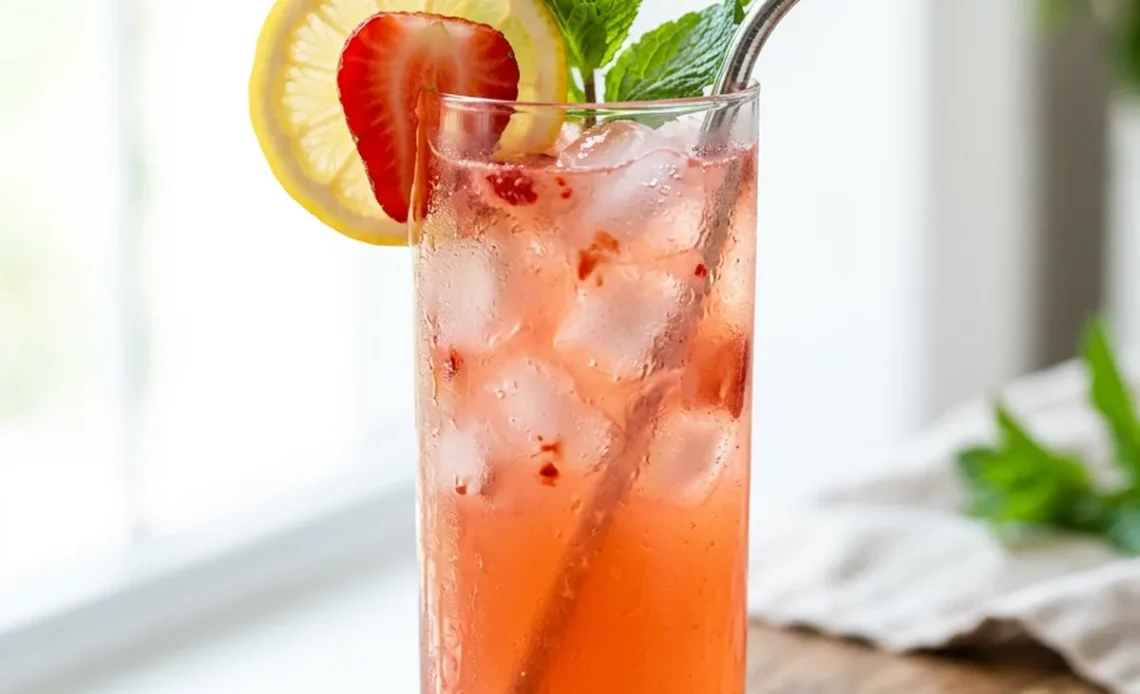 Strawberry lemonade recipe in a glass with lemon and mint garnish