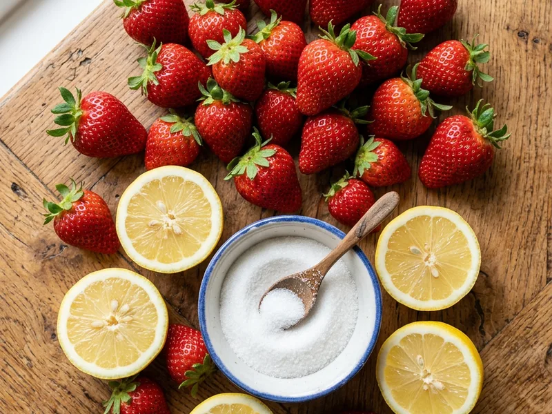 Fresh strawberries, lemons, and sugar for strawberry lemonade recipe
